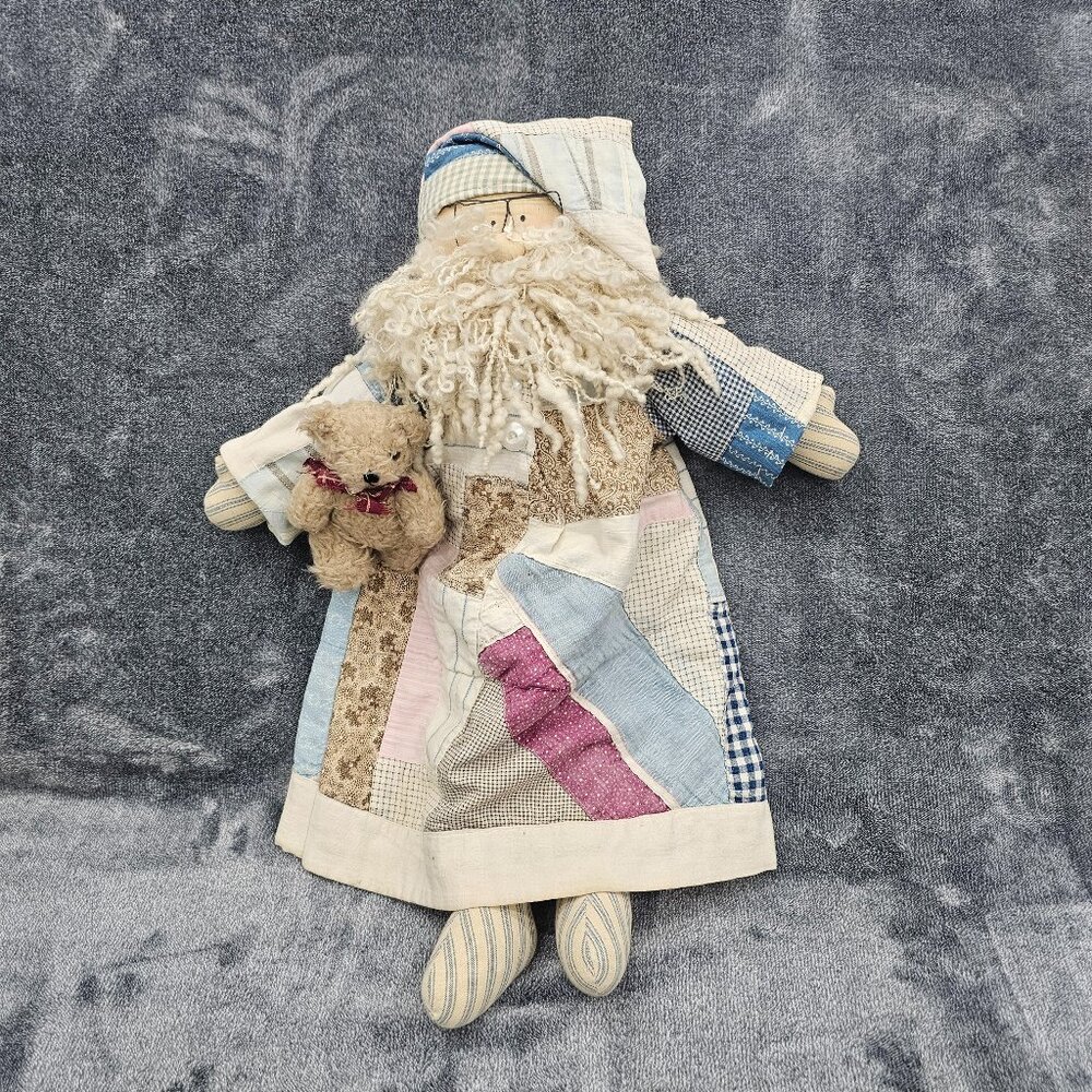 Vintage Quilt handmade Santa in pajamas teddy bear glasses Christmas Decor